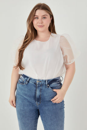 ENGLISH FACTORY - Plus Size Organza Puff Sleeve Top - TOPS available at Objectrare