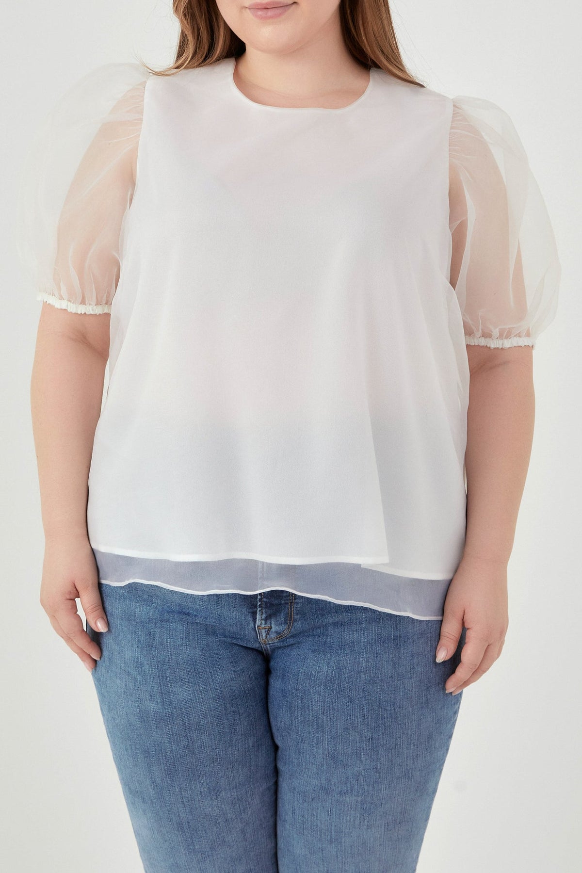 ENGLISH FACTORY - Plus Size Organza Puff Sleeve Top - TOPS available at Objectrare