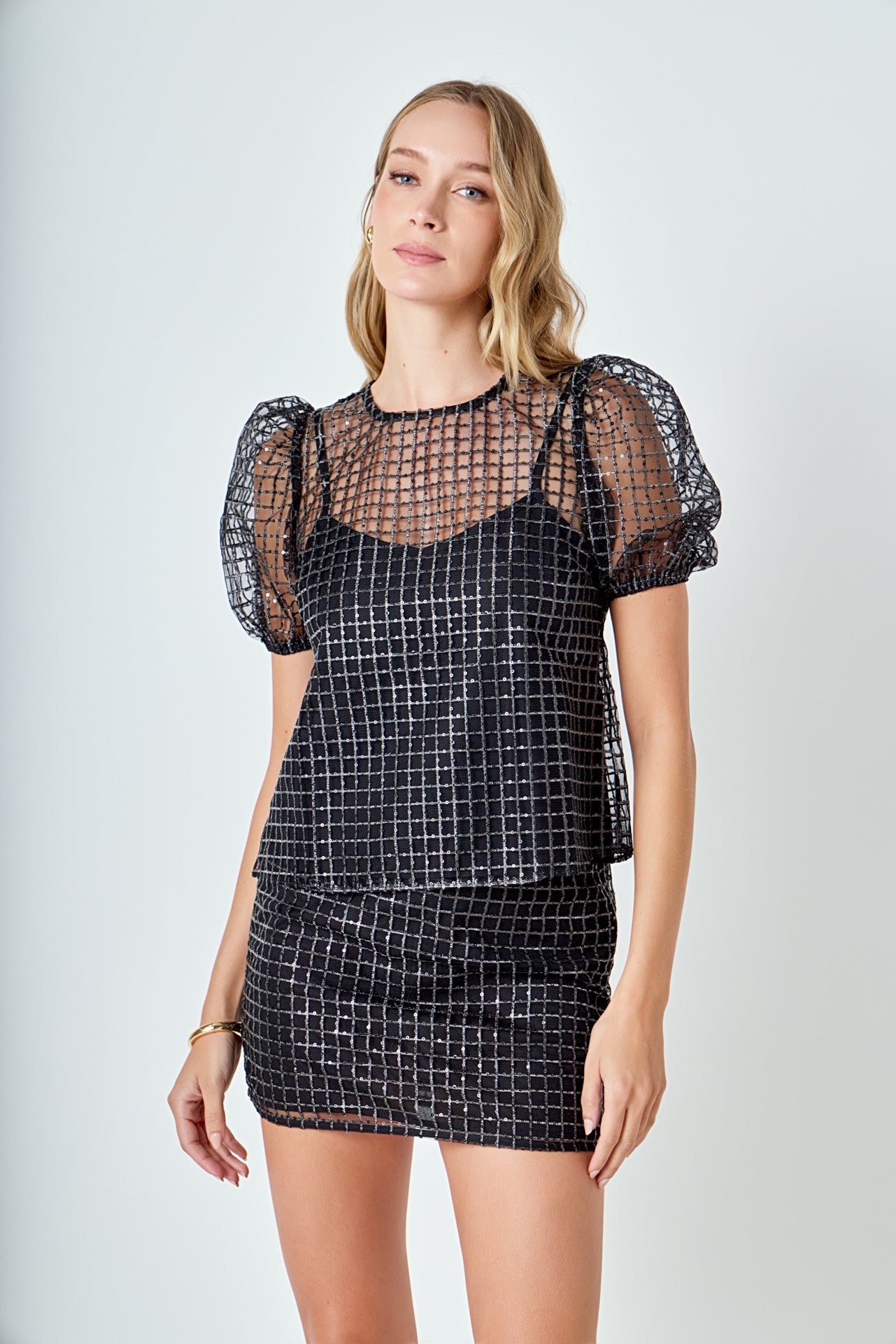ENDLESS ROSE - Sequined Mesh Grid Top - TOPS available at Objectrare