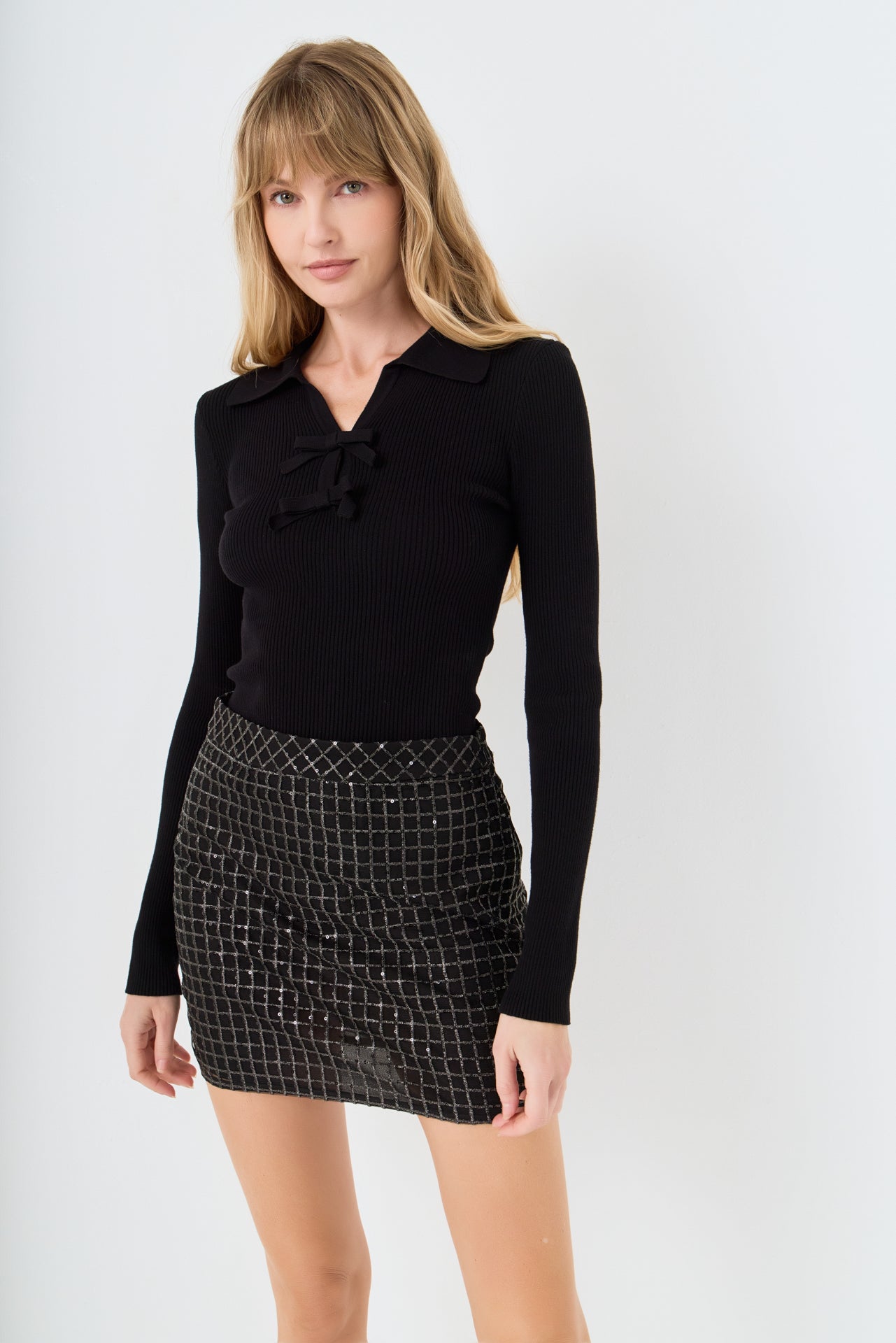 Sequined Mesh Gridded Skirt