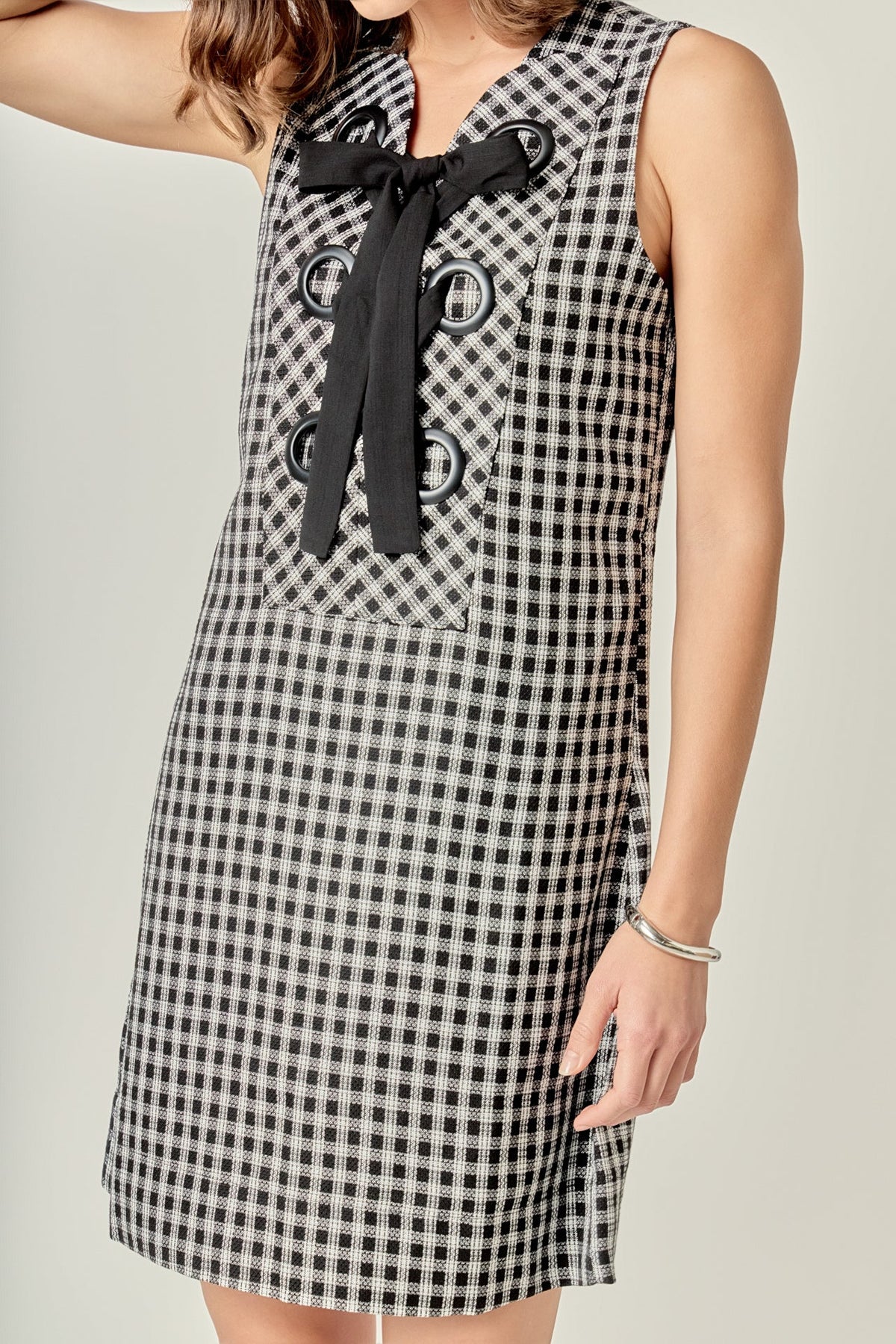 Check Sleeveless Grommet Mini Dress