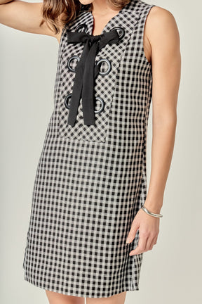 Check Sleeveless Grommet Mini Dress