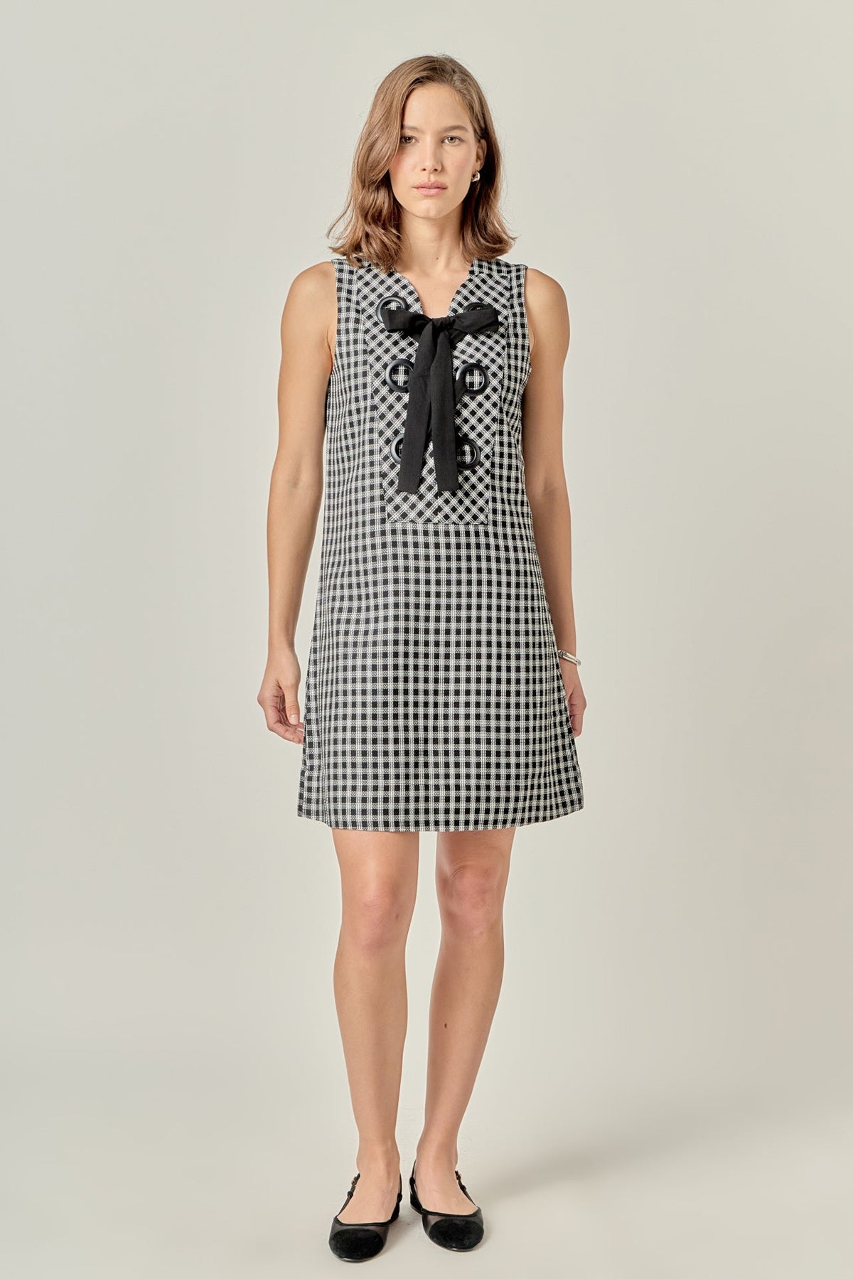 Check Sleeveless Grommet Mini Dress