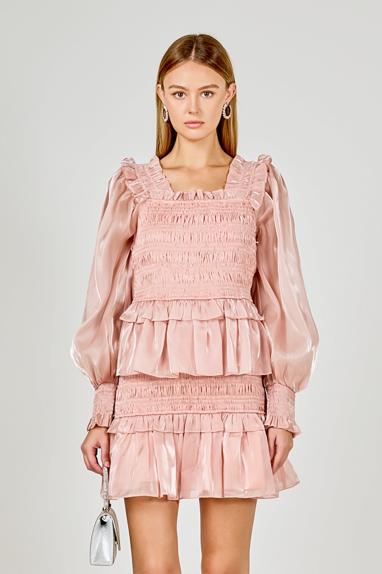 ENDLESS ROSE - Sheen Smocked Long Sleeve Mini Dress - DRESSES available at Objectrare