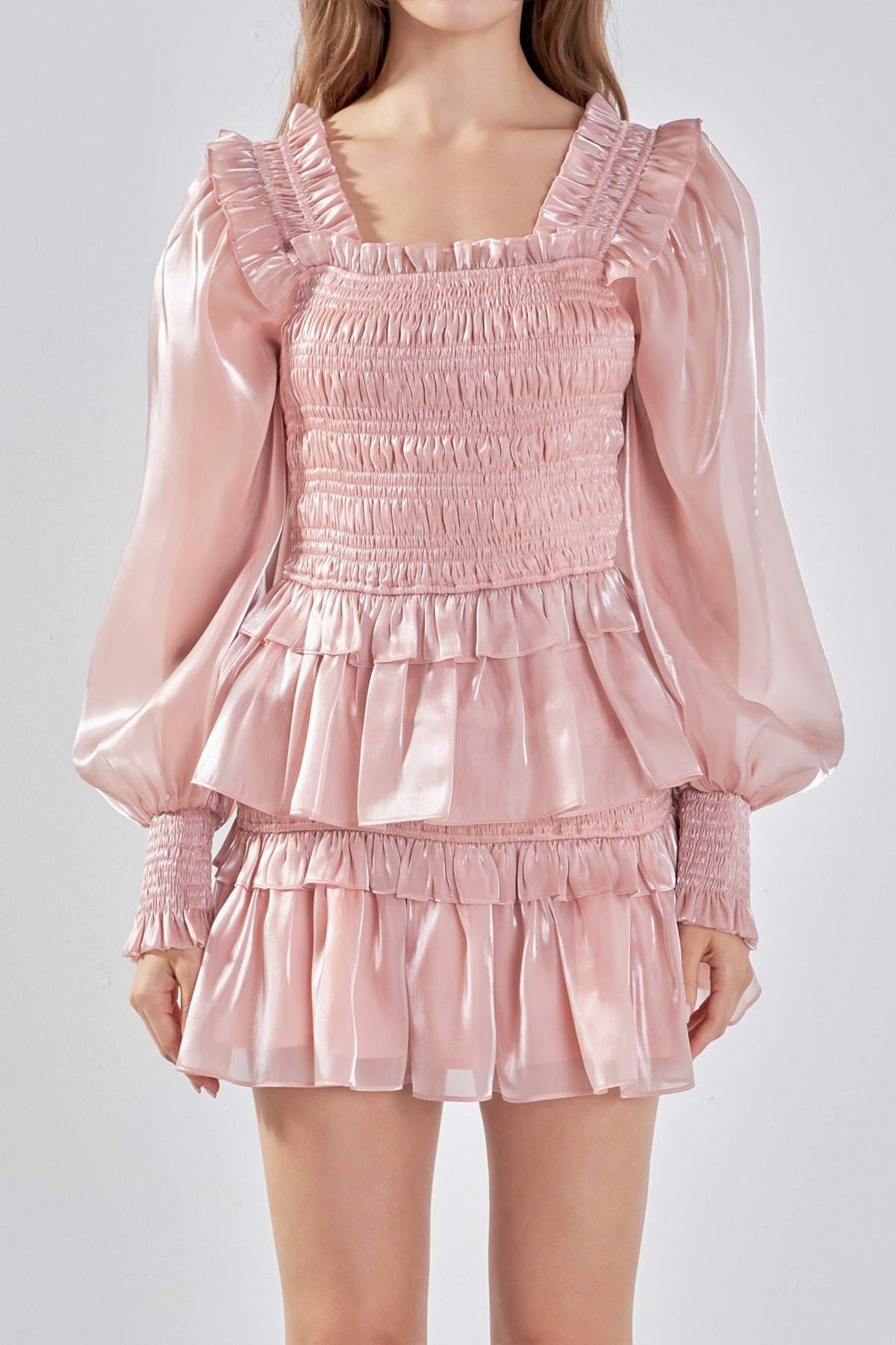 ENDLESS ROSE - Sheen Smocked Long Sleeve Mini Dress - DRESSES available at Objectrare
