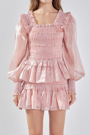 ENDLESS ROSE - Sheen Smocked Long Sleeve Mini Dress - DRESSES available at Objectrare