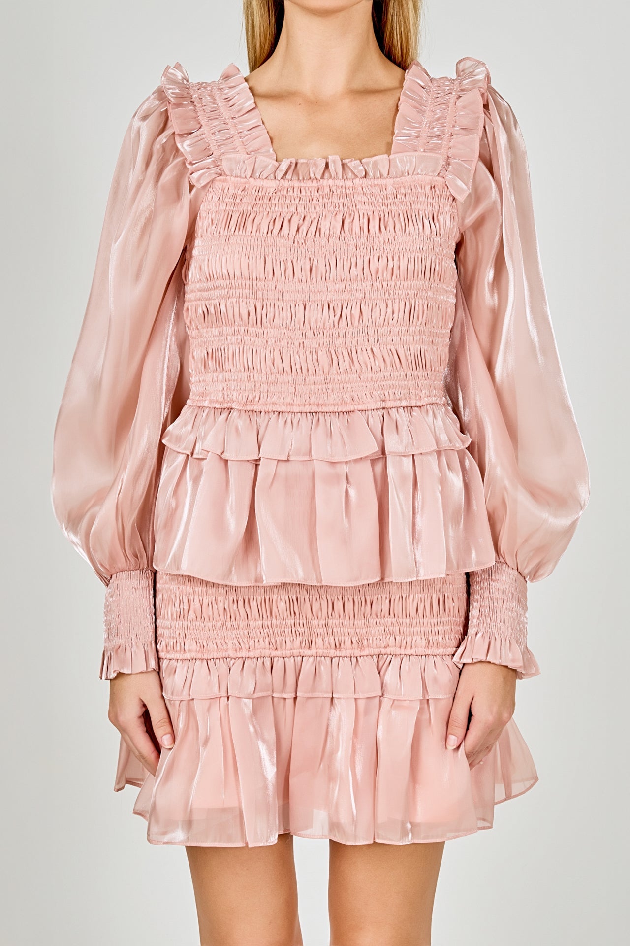 ENDLESS ROSE - Sheen Smocked Long Sleeve Mini Dress - DRESSES available at Objectrare