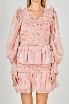 ENDLESS ROSE - Sheen Smocked Long Sleeve Mini Dress - DRESSES available at Objectrare