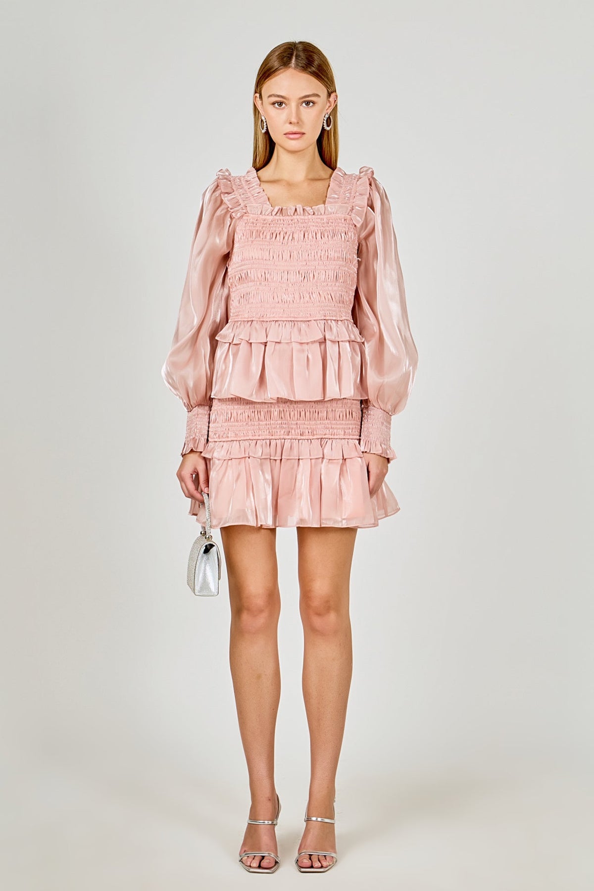 ENDLESS ROSE - Sheen Smocked Long Sleeve Mini Dress - DRESSES available at Objectrare