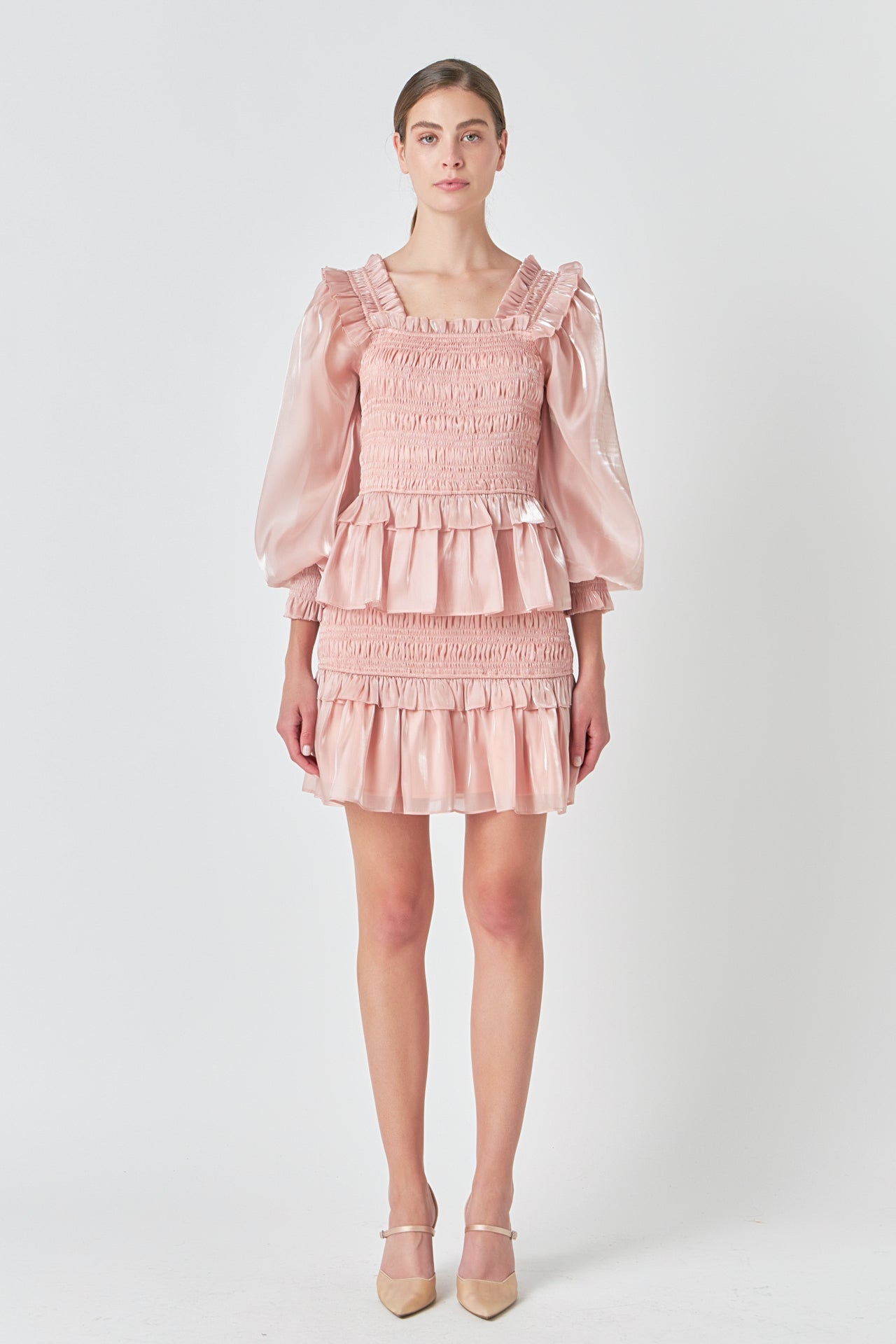 ENDLESS ROSE - Sheen Smocked Long Sleeve Mini Dress - DRESSES available at Objectrare