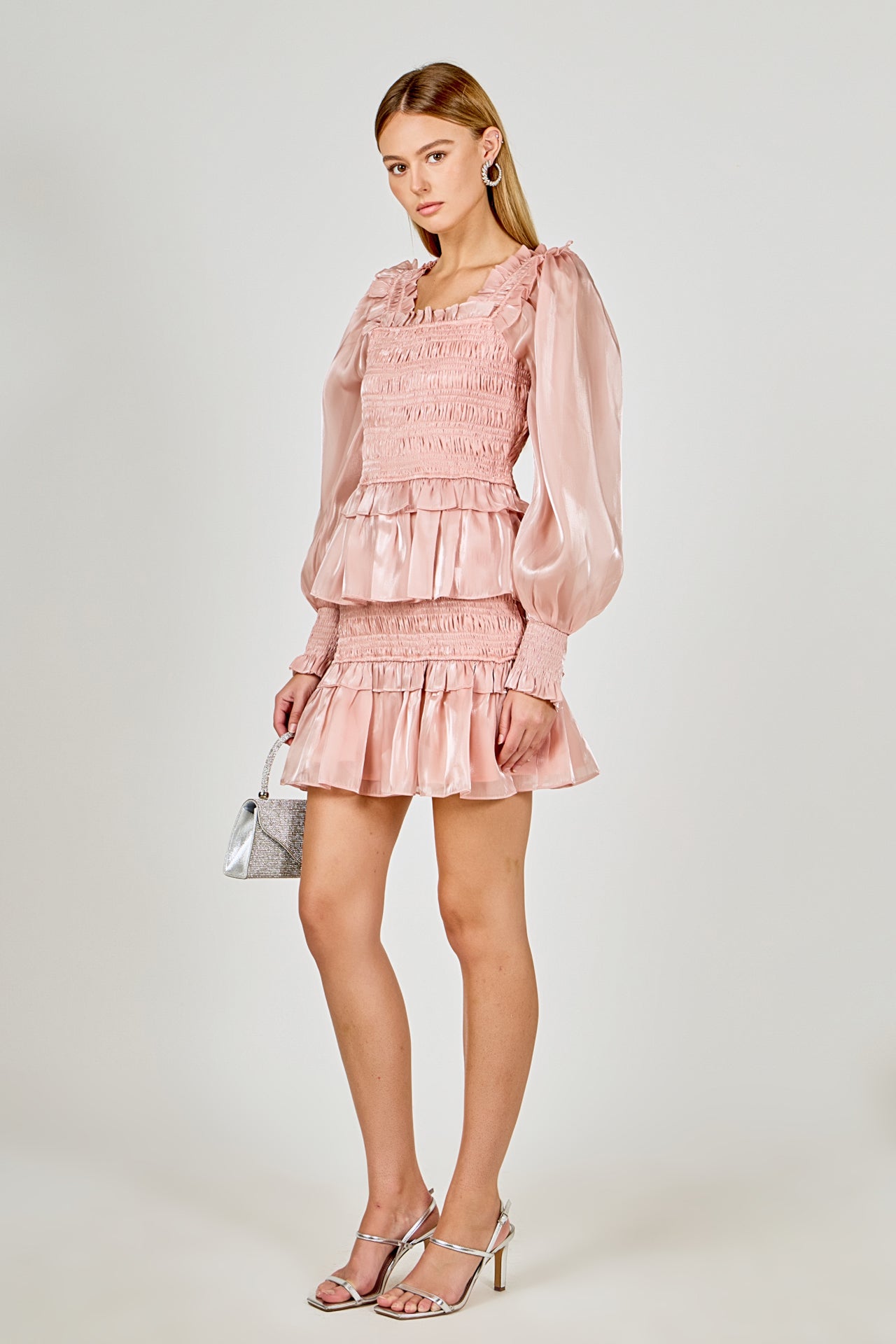 ENDLESS ROSE - Sheen Smocked Long Sleeve Mini Dress - DRESSES available at Objectrare