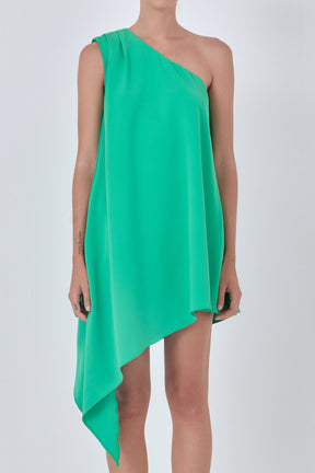 Shoulder Pintucked Asymmetrical Mini Dress