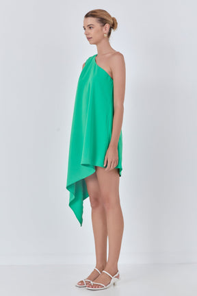 Shoulder Pintucked Asymmetrical Mini Dress