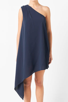 Shoulder Pintucked Asymmetrical Mini Dress
