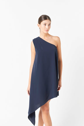 Shoulder Pintucked Asymmetrical Mini Dress