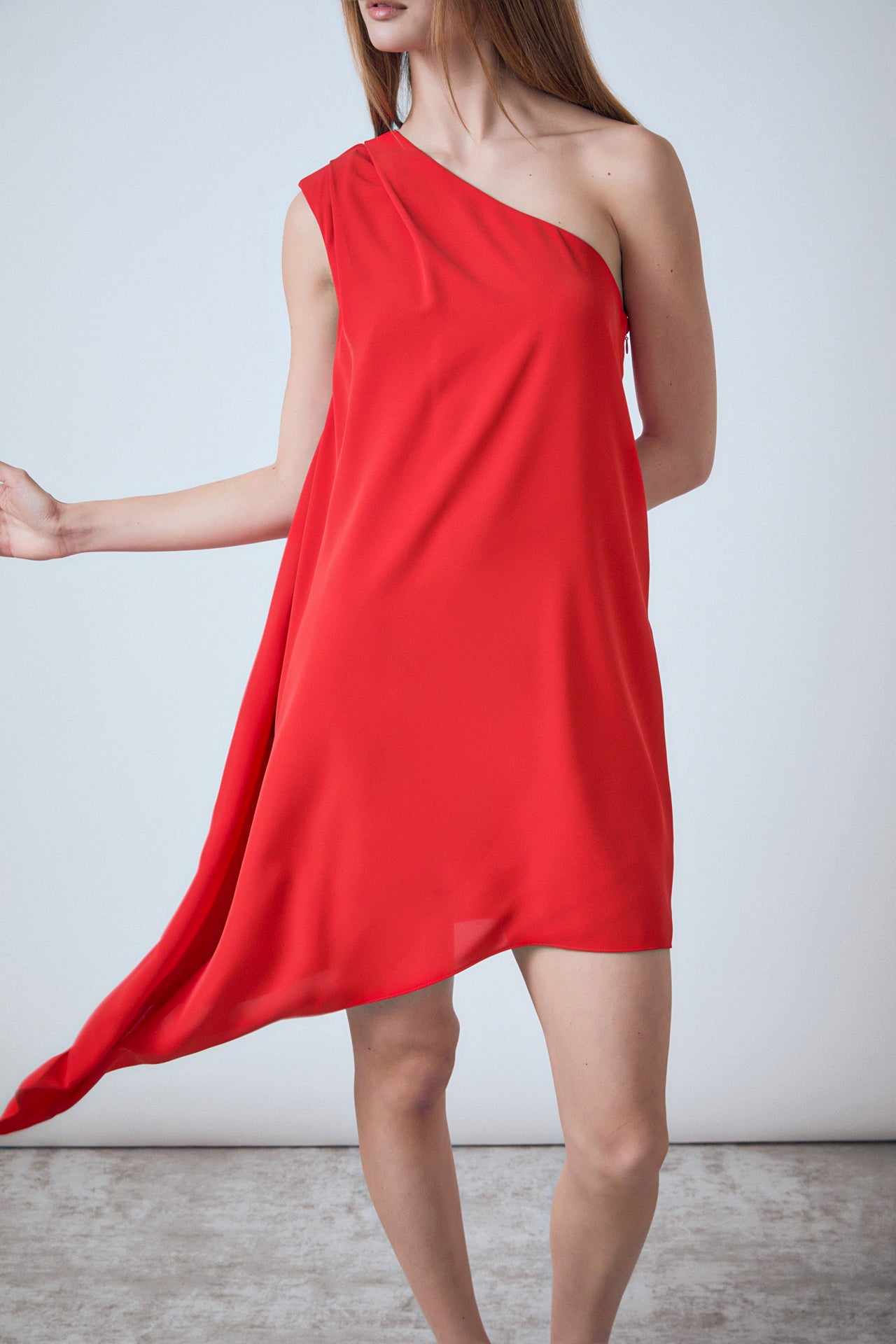 Shoulder Pintucked Asymmetrical Mini Dress