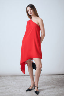 Shoulder Pintucked Asymmetrical Mini Dress