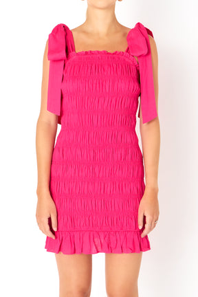 ENDLESS ROSE - Bow Shoulder Tie Smocked Mini Dress - DRESSES available at Objectrare