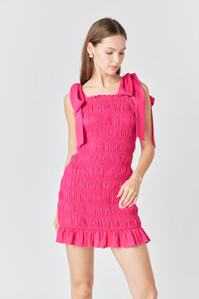 ENDLESS ROSE - Bow Shoulder Tie Smocked Mini Dress - DRESSES available at Objectrare