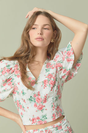 ENDLESS ROSE - Endless Rose - Floral Linen Puff Sleeve Top - TOPS available at Objectrare