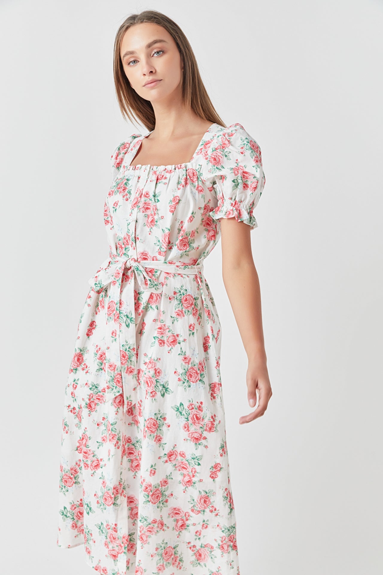 ENDLESS ROSE - Floral Print Linen Midi Dress - DRESSES available at Objectrare