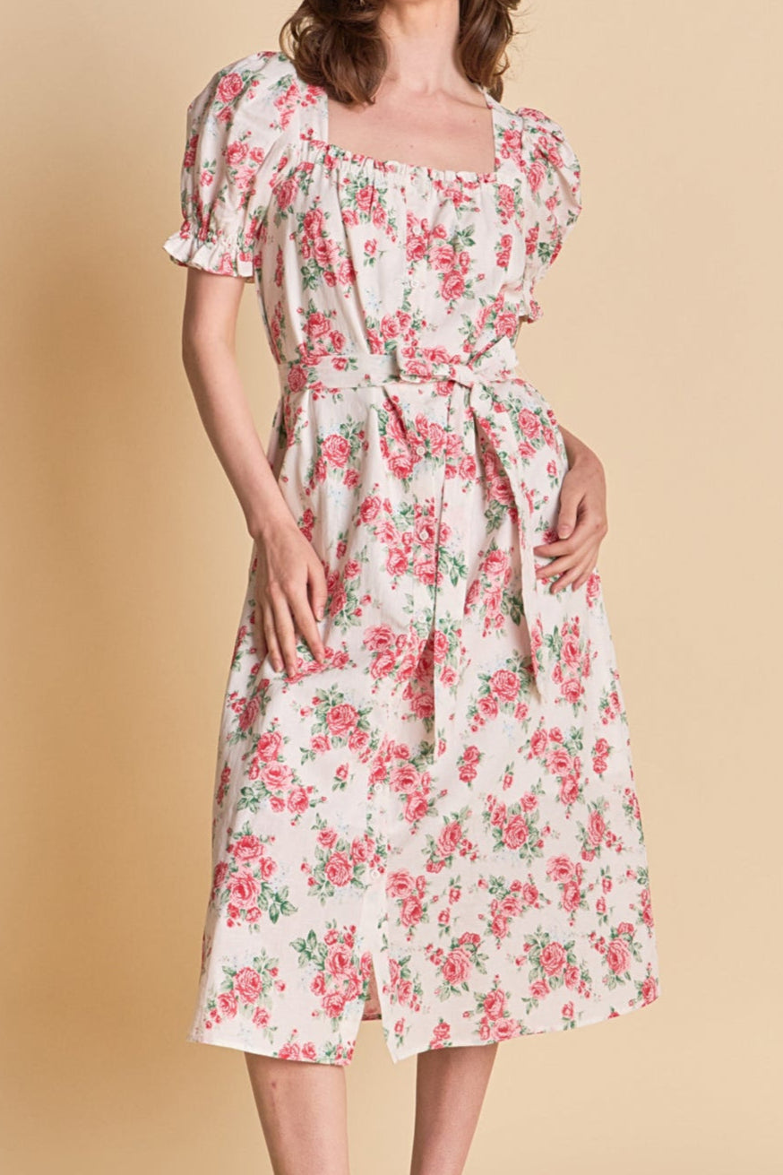 ENDLESS ROSE - Floral Print Linen Midi Dress - DRESSES available at Objectrare