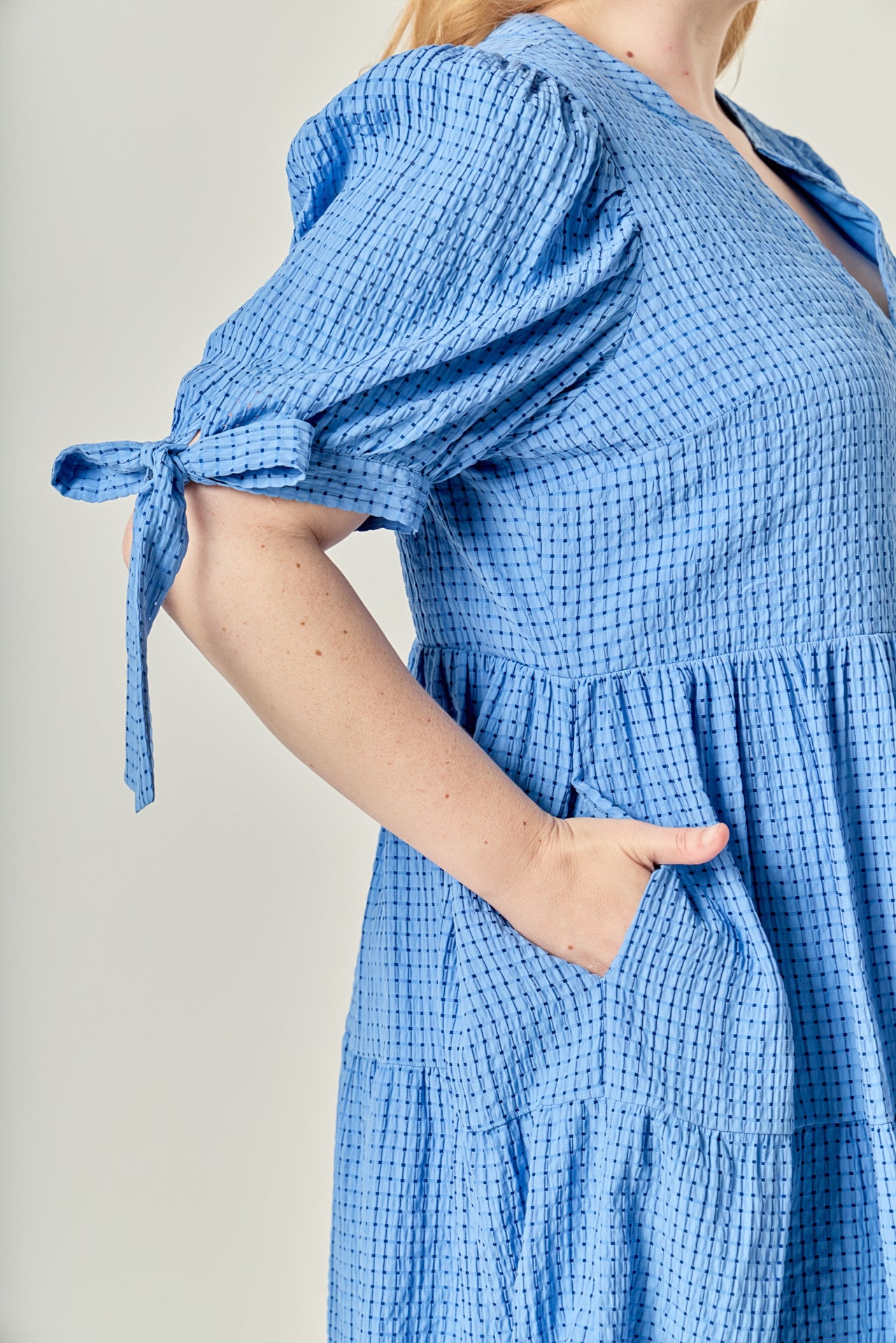 English Factory Plus Size Gingham Tiered Mini Dress - Blue English Factory Plus Size Gingham Tiered Mini Dress - Blue