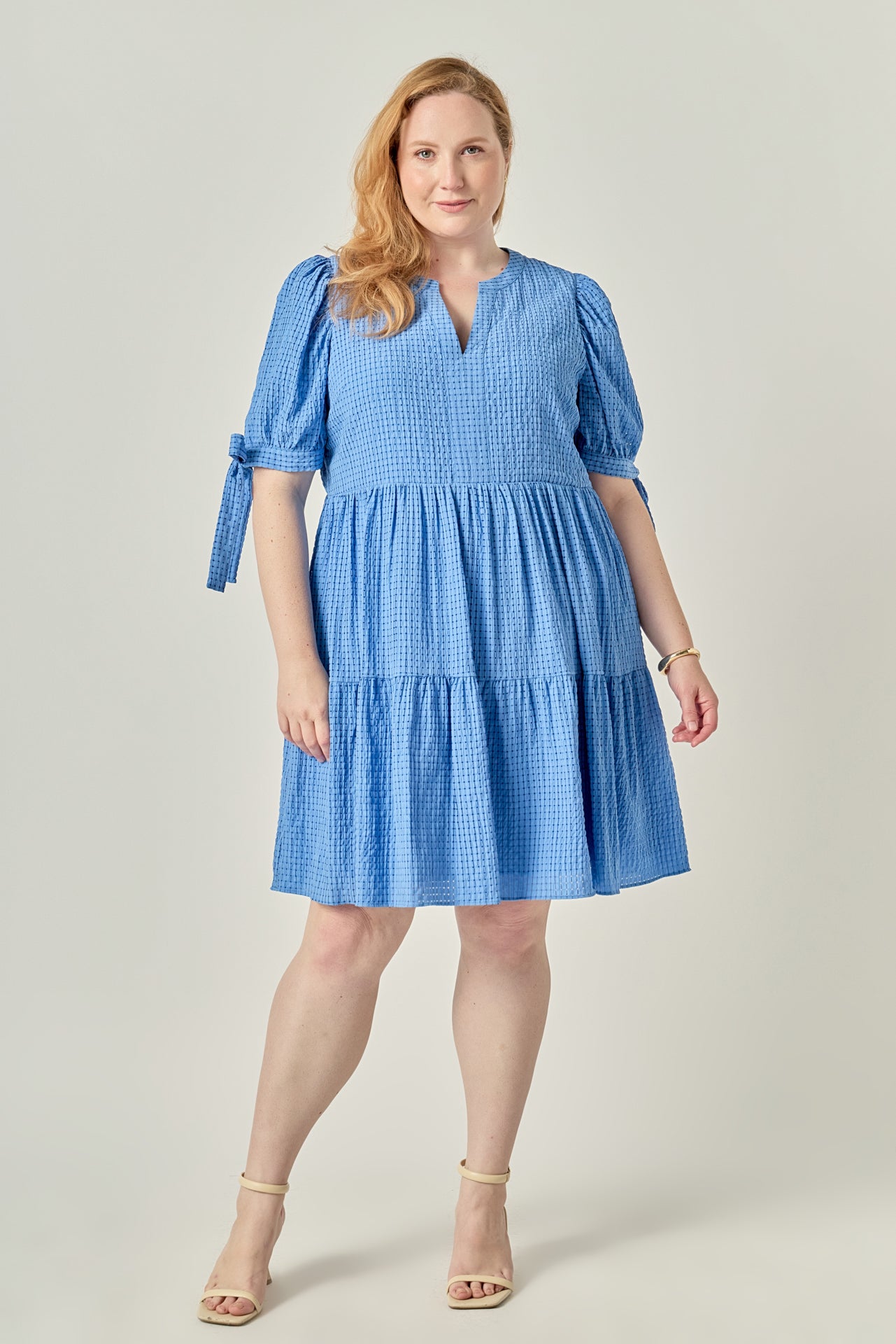 English Factory Plus Size Gingham Tiered Mini Dress - Blue English Factory Plus Size Gingham Tiered Mini Dress - Blue