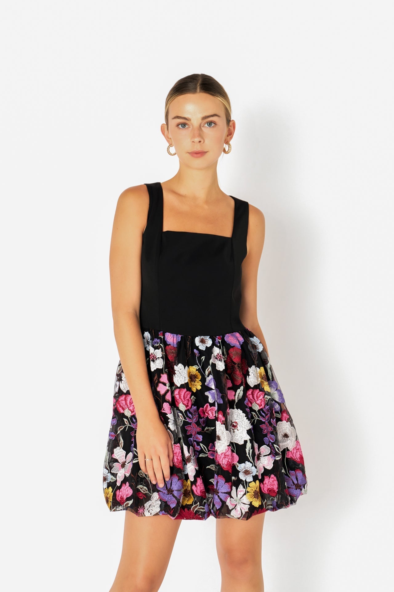 ENDLESS ROSE - Square Neck Floral Embroidered Mini Dress - DRESSES available at Objectrare