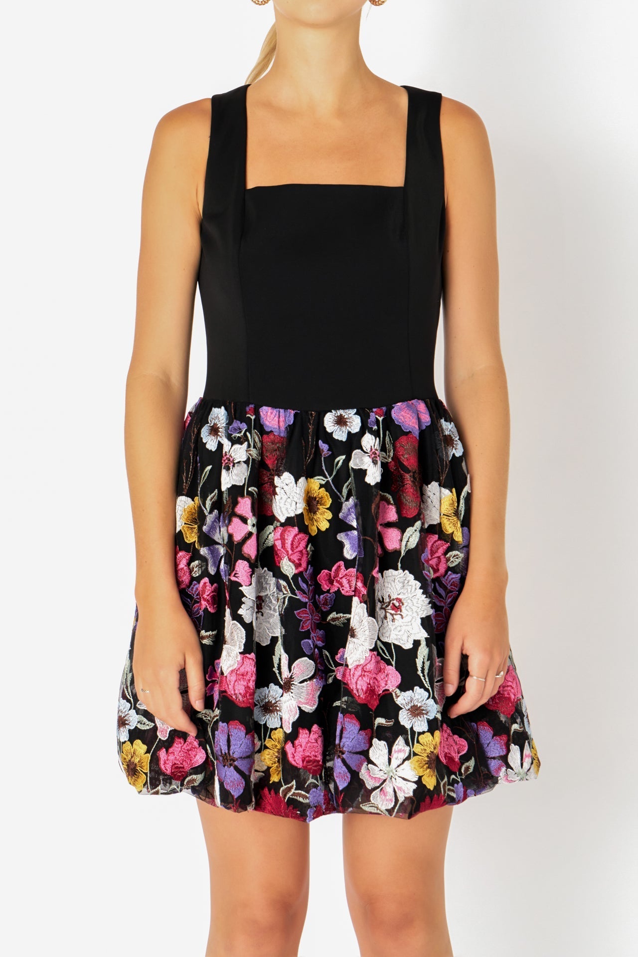 ENDLESS ROSE - Square Neck Floral Embroidered Mini Dress - DRESSES available at Objectrare