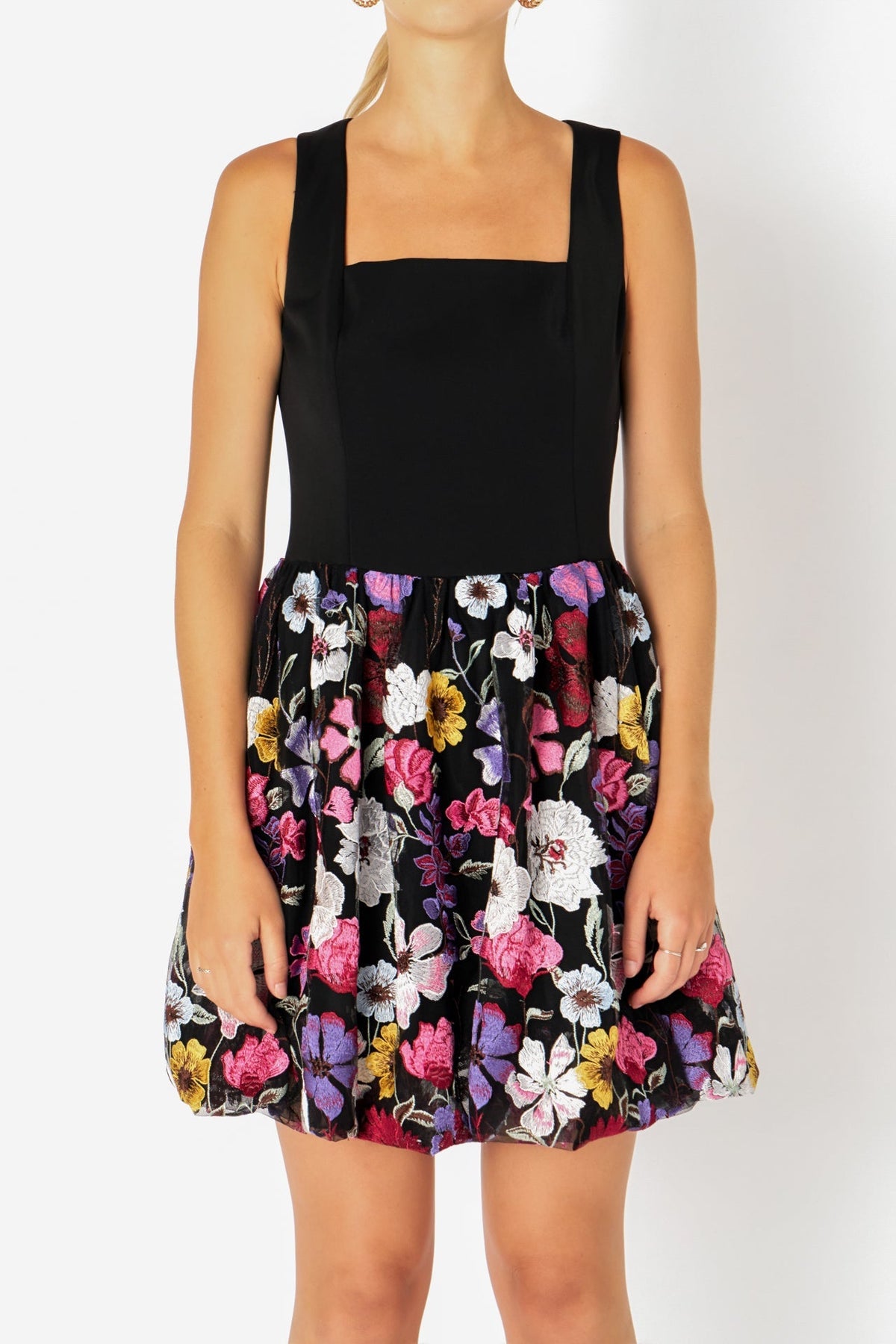 ENDLESS ROSE - Square Neck Floral Embroidered Mini Dress - DRESSES available at Objectrare