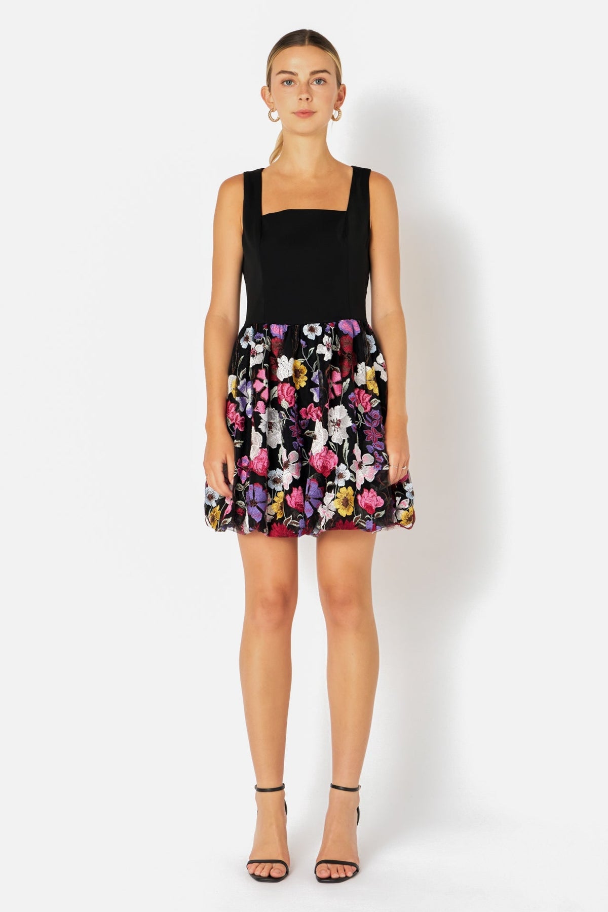 ENDLESS ROSE - Square Neck Floral Embroidered Mini Dress - DRESSES available at Objectrare