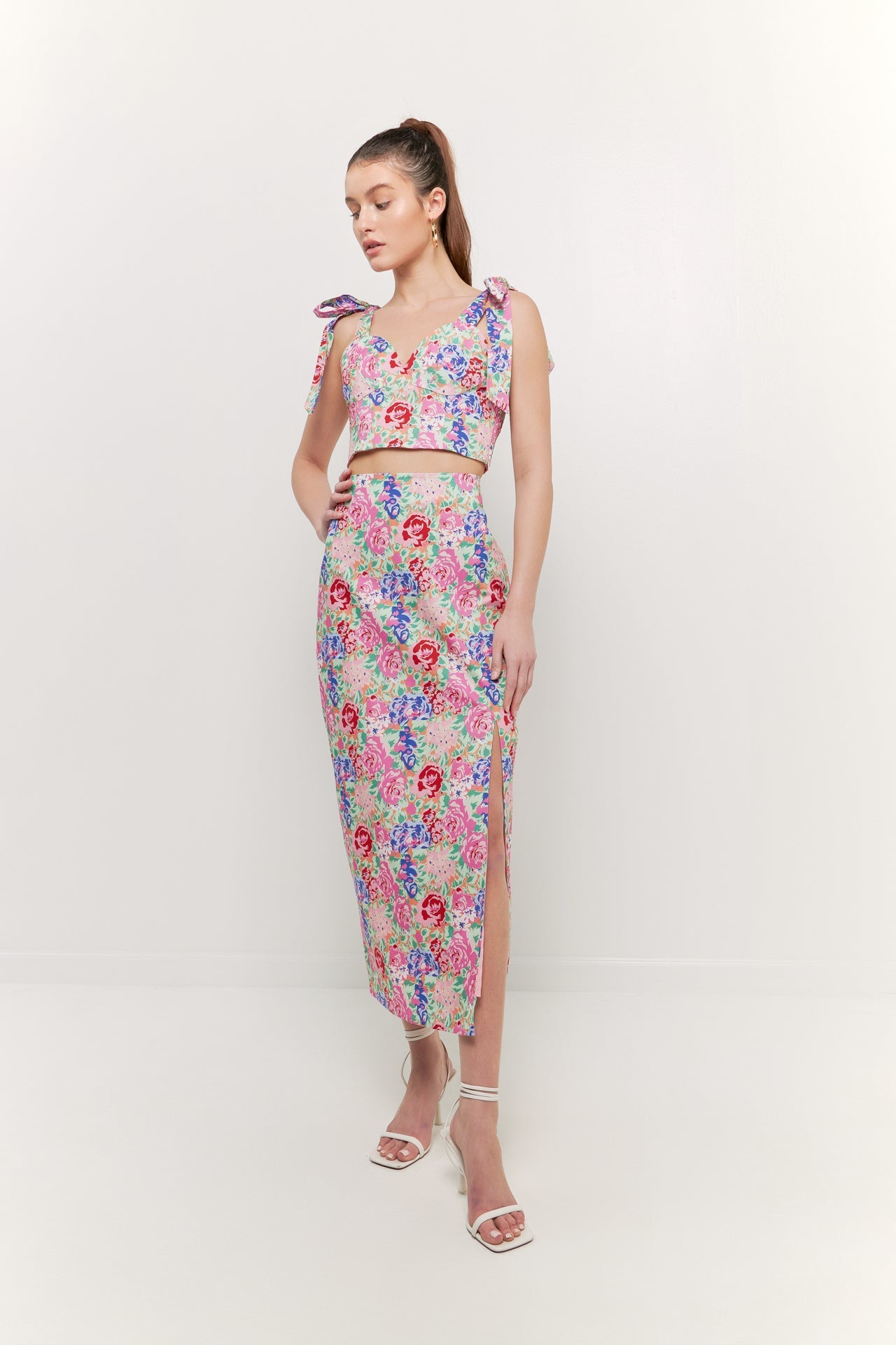 ENDLESS ROSE - Cotton Floral Print Slit Maxi Skirt - SKIRTS available at Objectrare