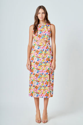 Cotton Floral Print Cutout Maxi Dress