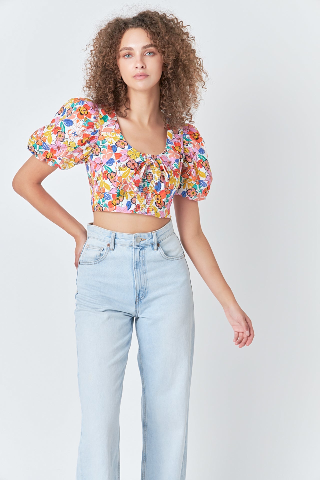 Cotton Floral Print Puff Sleeve Top