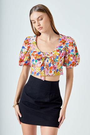 ENDLESS ROSE - Cotton Floral Print Puff Sleeve Top - TOPS available at Objectrare