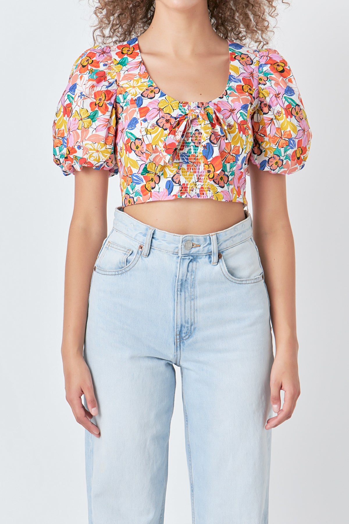 ENDLESS ROSE - Cotton Floral Print Puff Sleeve Top - TOPS available at Objectrare