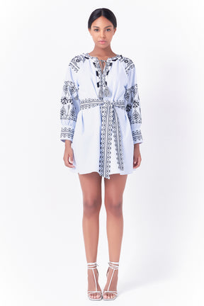 Belted Embroidered Mini Dress