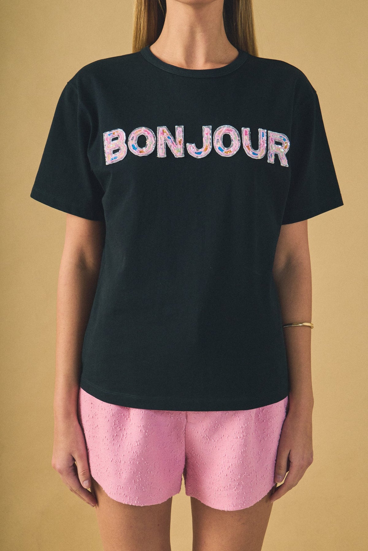 Bonjour Sequins Embroidered Patch Top