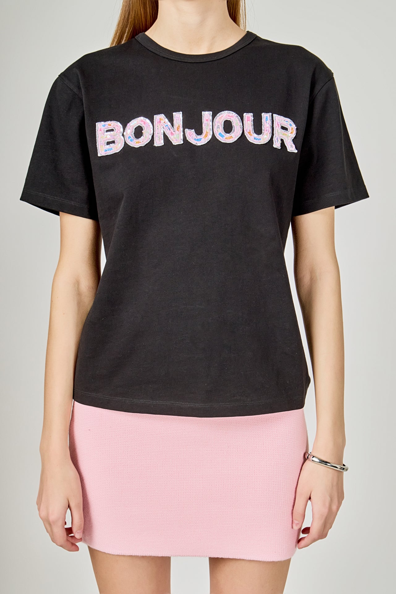 ENDLESS ROSE - Sequined Embroidered Bonjour Patch Top - TOPS available at Objectrare