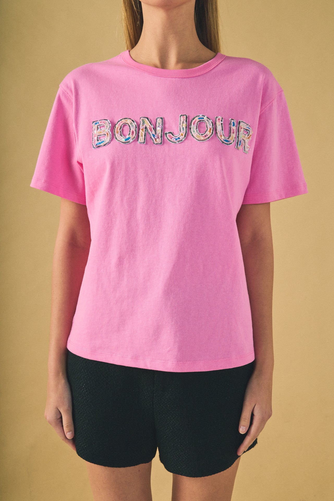ENDLESS ROSE - Sequined Embroidered Bonjour Patch Top - TOPS available at Objectrare