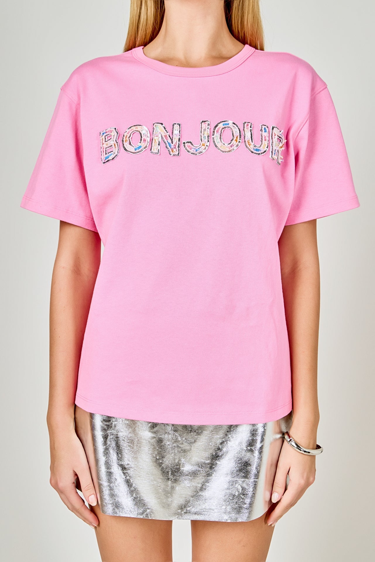 ENDLESS ROSE - Bonjour Sequins Embroidered Patch Top - TOPS available at Objectrare
