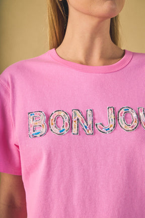 ENDLESS ROSE - Sequined Embroidered Bonjour Patch Top - TOPS available at Objectrare