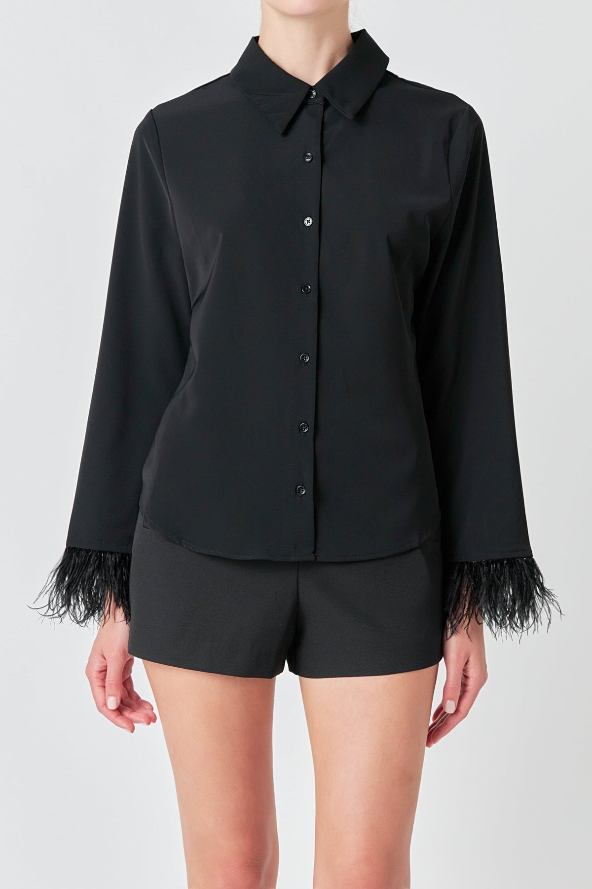 ENDLESS ROSE - Endless Rose - Feather Trimmed Fitted Blouse Top - SHIRTS & BLOUSES available at Objectrare