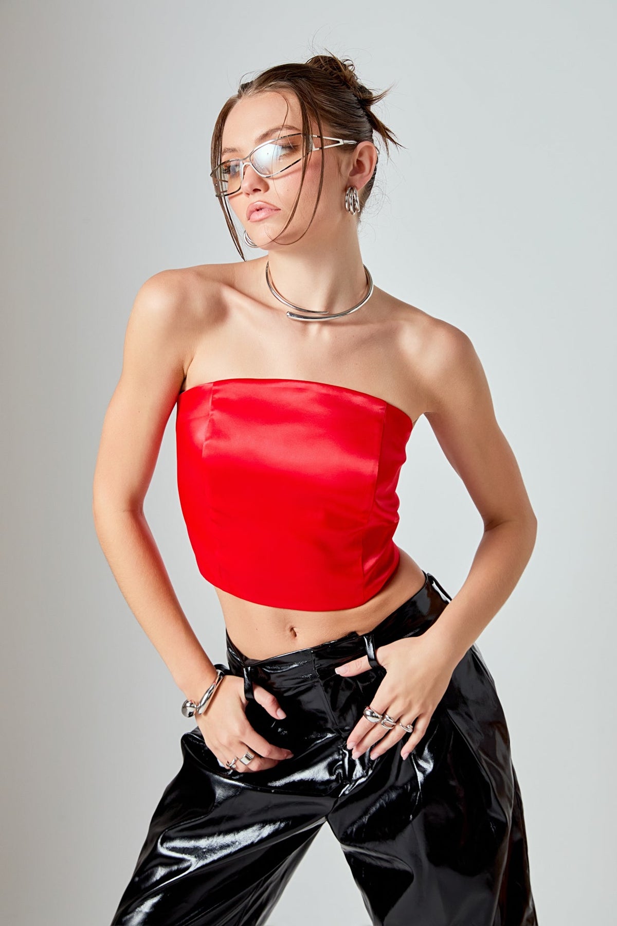 ENDLESS ROSE - Satin Strapless Curved Bustier - TOPS available at Objectrare