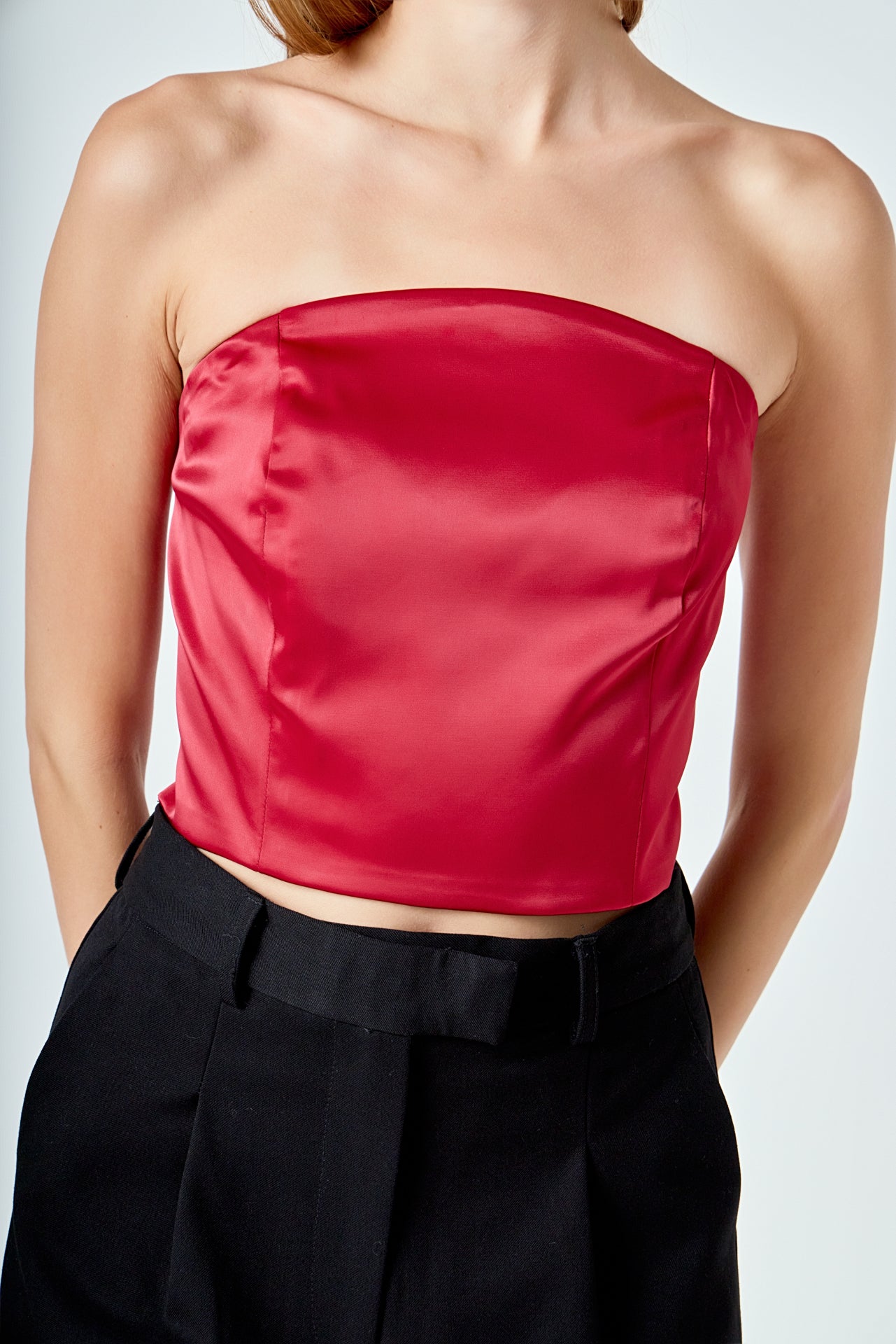 ENDLESS ROSE - Satin Strapless Curved Bustier - TOPS available at Objectrare