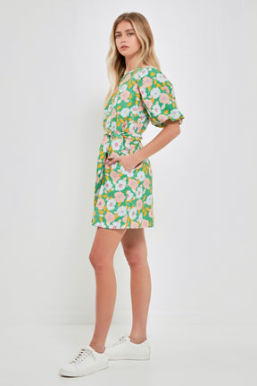 ENGLISH FACTORY - Floral belted Puff Sleeve Mini Shift Dress - DRESSES available at Objectrare