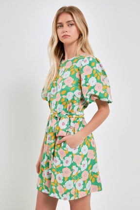 ENGLISH FACTORY - Floral belted Puff Sleeve Mini Shift Dress - DRESSES available at Objectrare