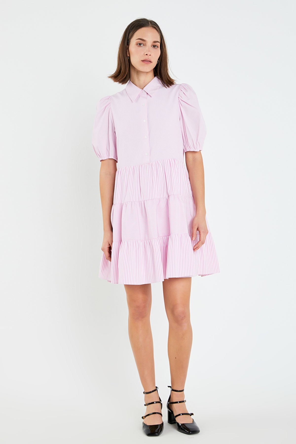 ENGLISH FACTORY - Striped Collared Puff Sleeve Dress - DRESSES available at Objectrare