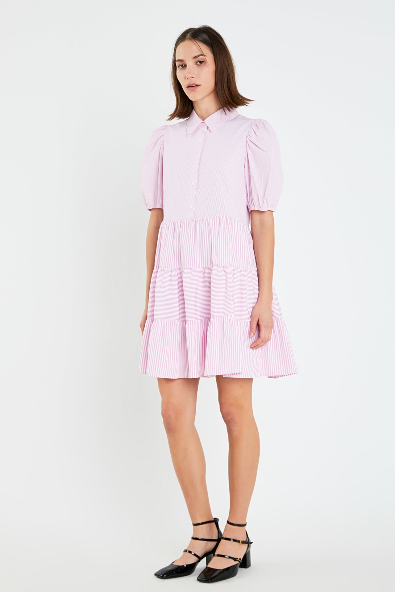ENGLISH FACTORY - Striped Collared Puff Sleeve Dress - DRESSES available at Objectrare